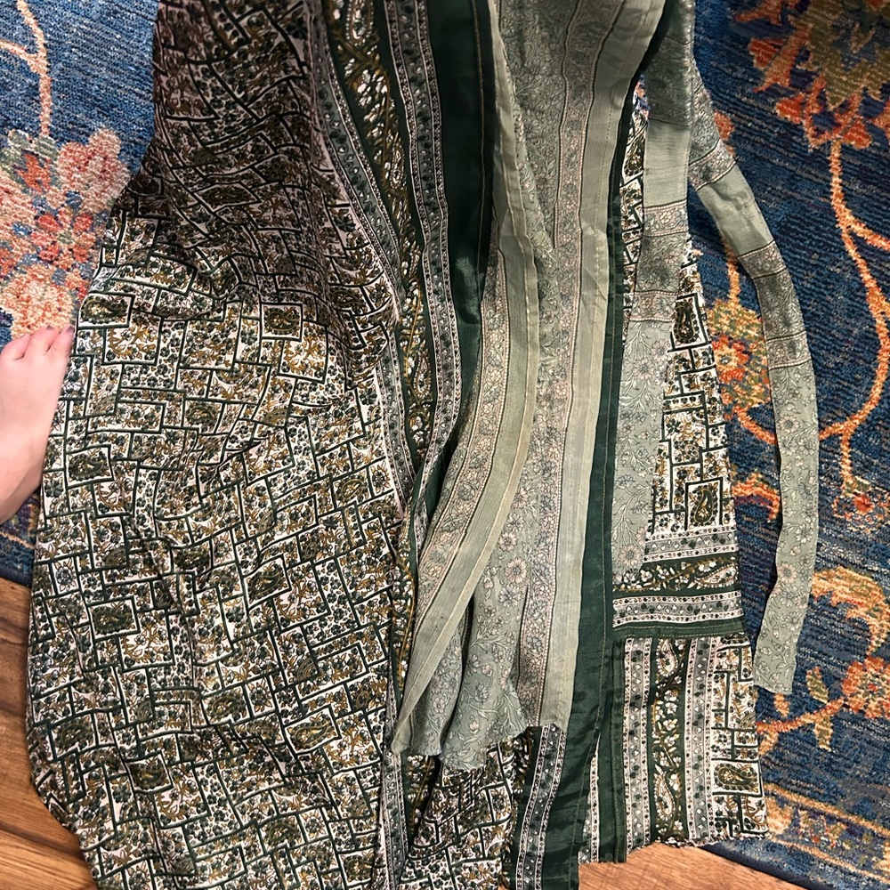 Green and Brown Patterned 100% Silk Wrap Skirt